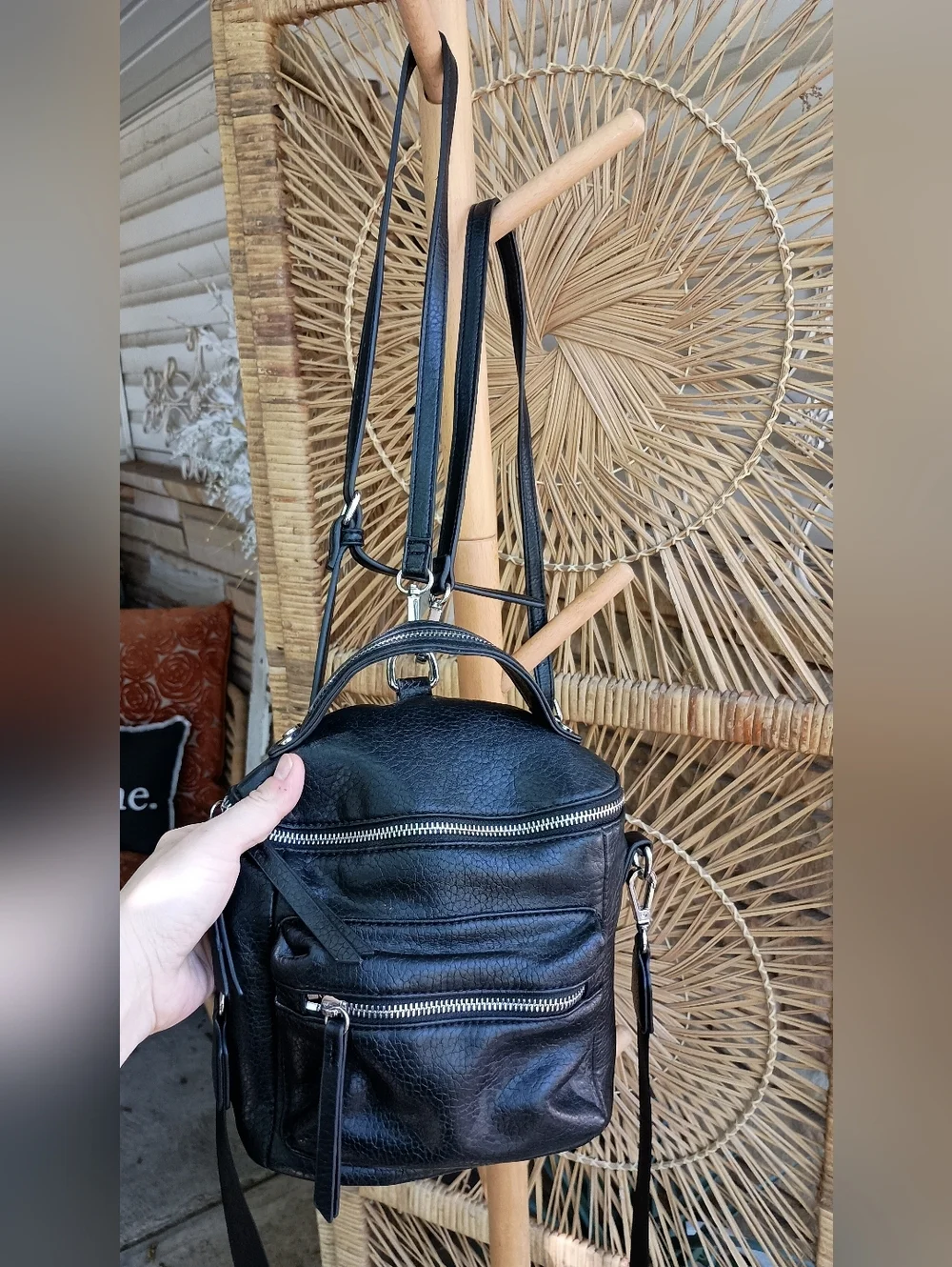 Urban Expressions Black Leather Mini Backpack Crossbody with Silver Zippers